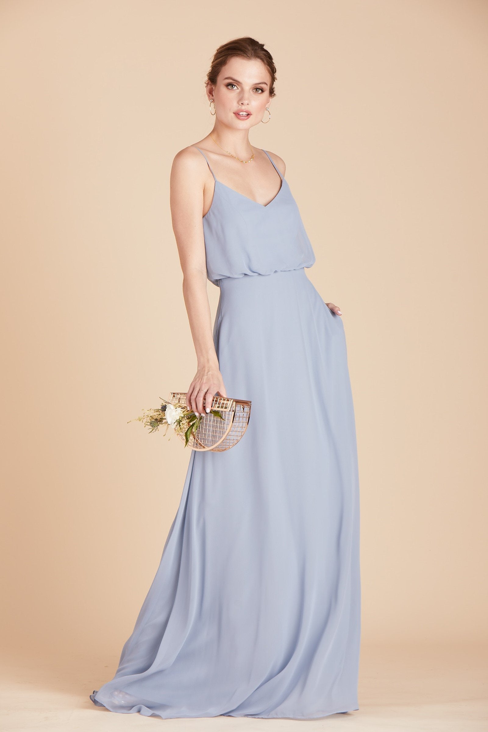 Gwennie bridesmaid dress in dusty blue chiffon by Birdy Grey, front view