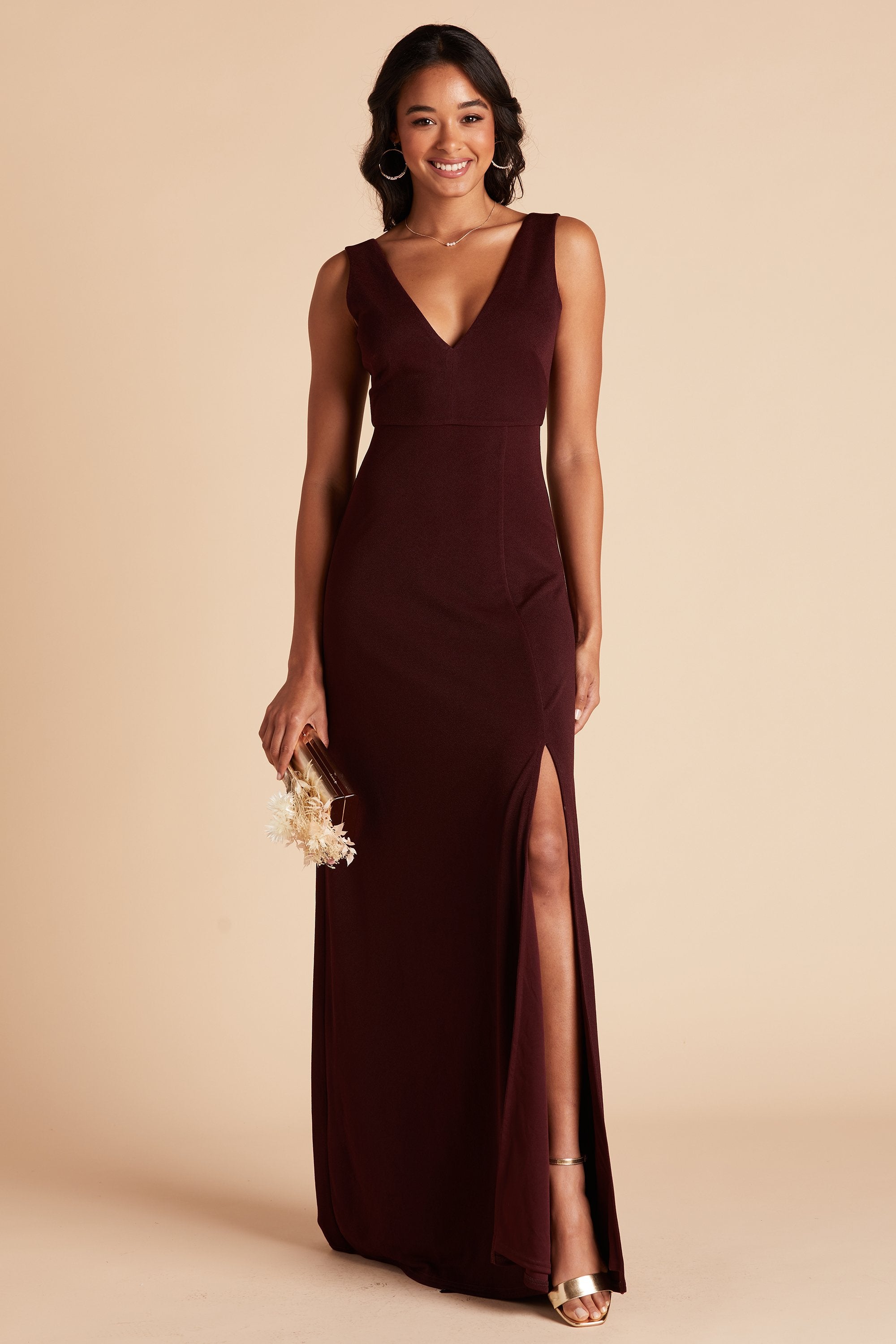 Shamin bridesmaid dress with slit in cabernet burgundy crepe by Birdy Grey, front view