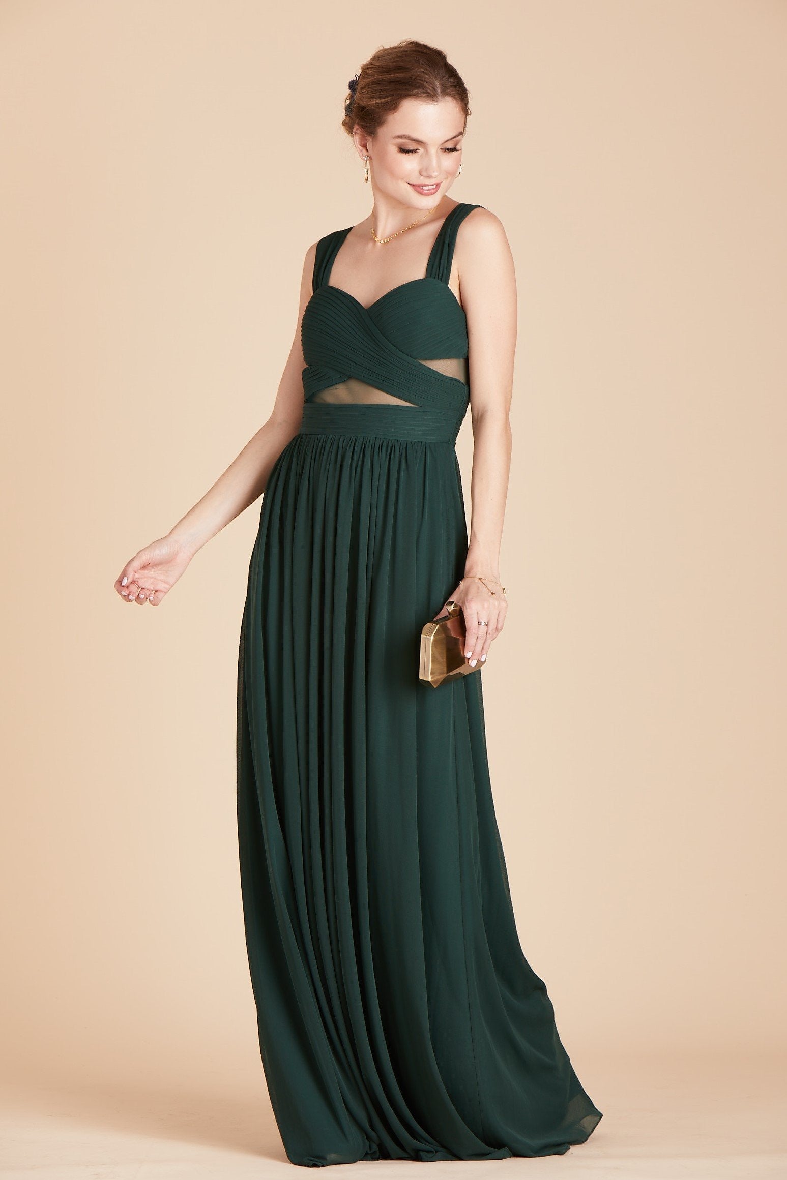 Elsye bridesmaid dress in emerald green chiffon by Birdy Grey, front view