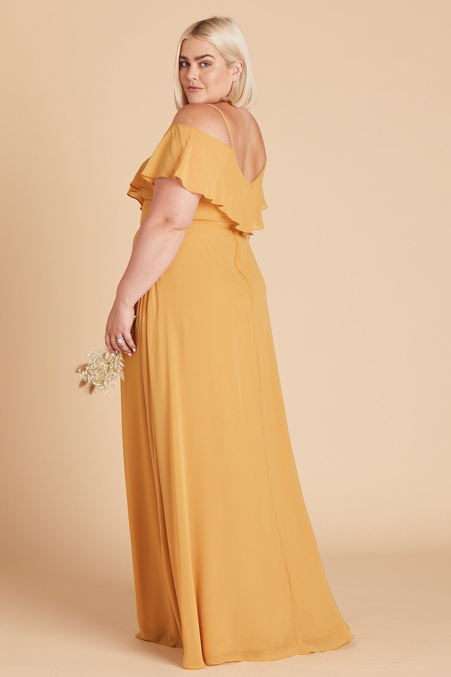 Jane convertible plus size bridesmaid dress in marigold chiffon by Birdy Grey, side view