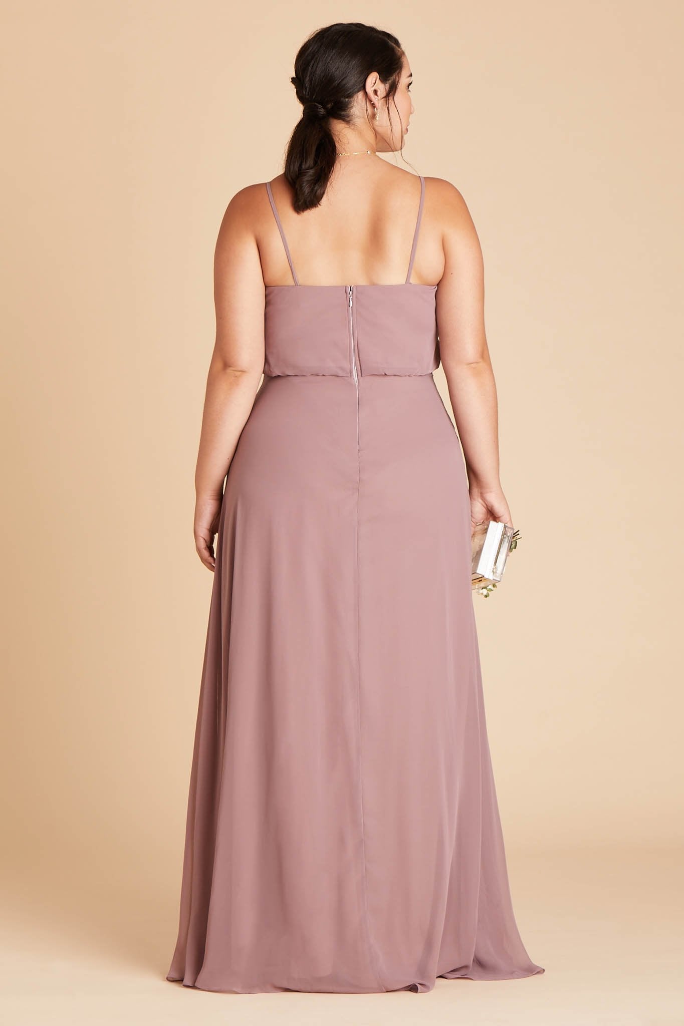 Gwennie plus size bridesmaid dress in dark mauve chiffon by Birdy Grey, back view