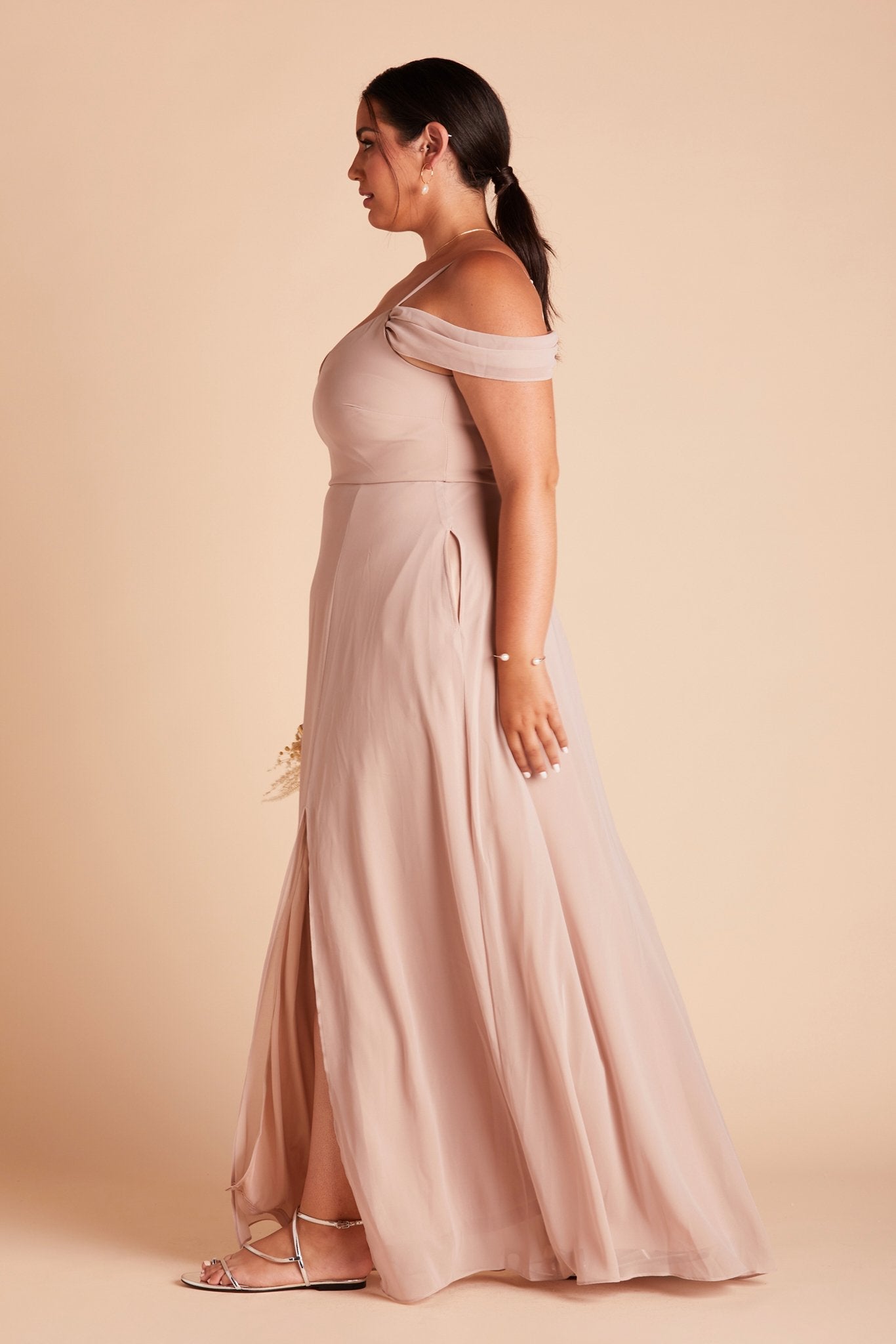 Devin convertible plus size bridesmaids dress with slit in taupe chiffon by Birdy Grey, side view