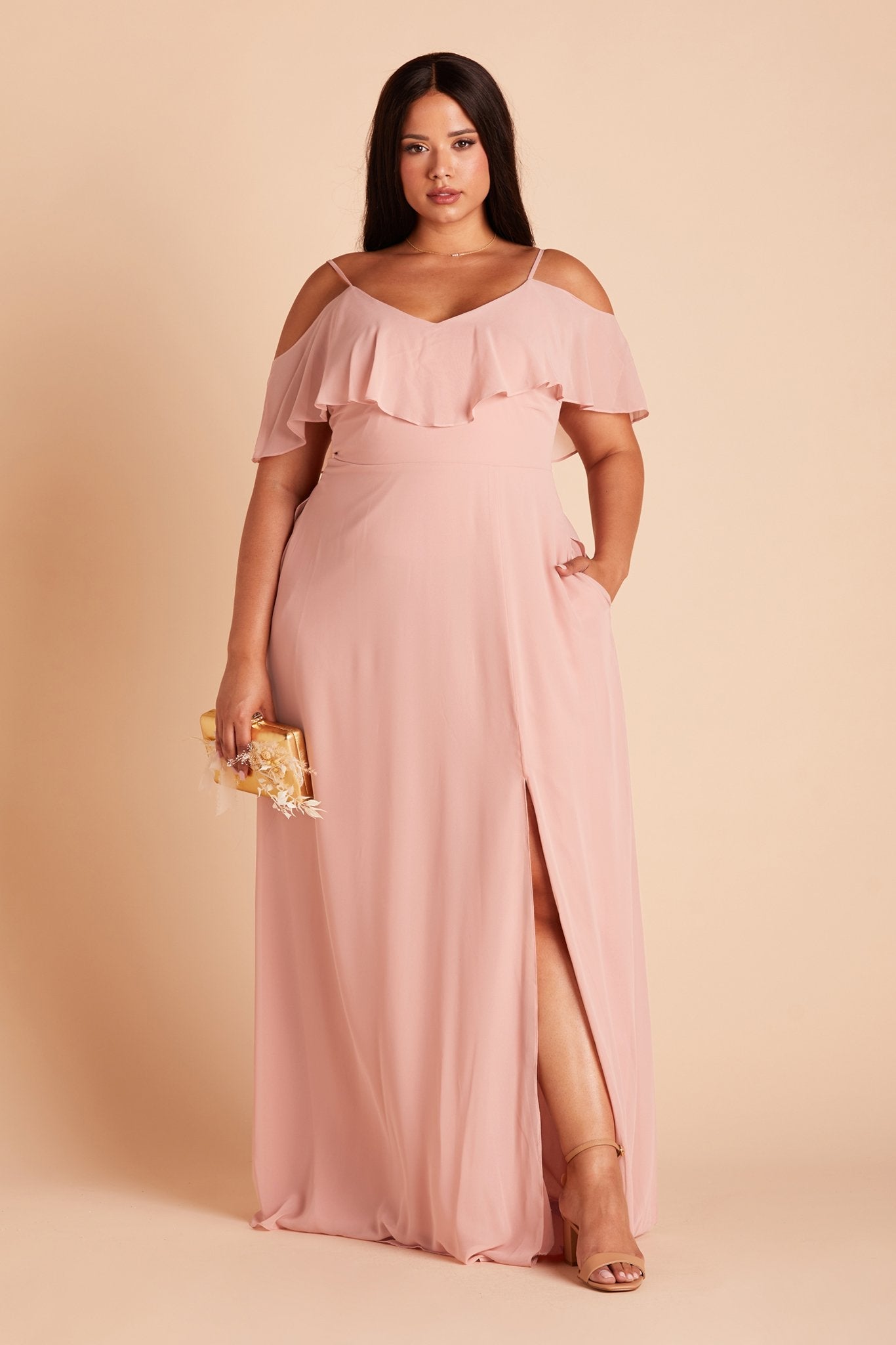 Jane convertible plus size bridesmaid dress with slit in dusty rose chiffon by Birdy Grey, front view