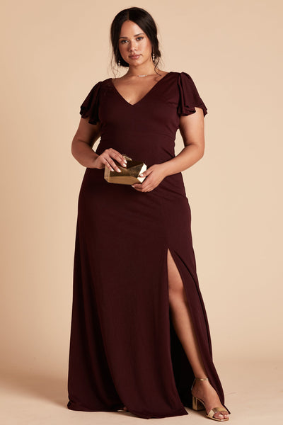 Hannah plus size bridesmaid dress with slit in cabernet burgundy crepe by Birdy Grey, front view