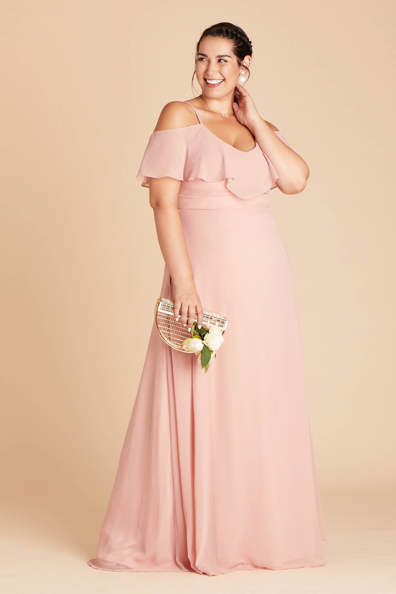 Jane convertible plus size bridesmaid dress in dusty rose chiffon by Birdy Grey, front view