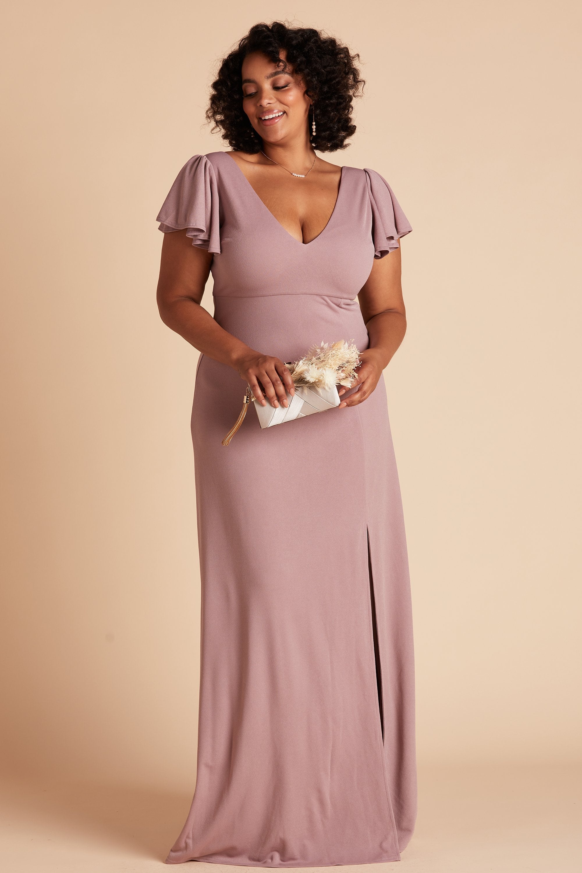 Hannah plus size bridesmaid dress with slit in dark mauve crepe by Birdy Grey, front view