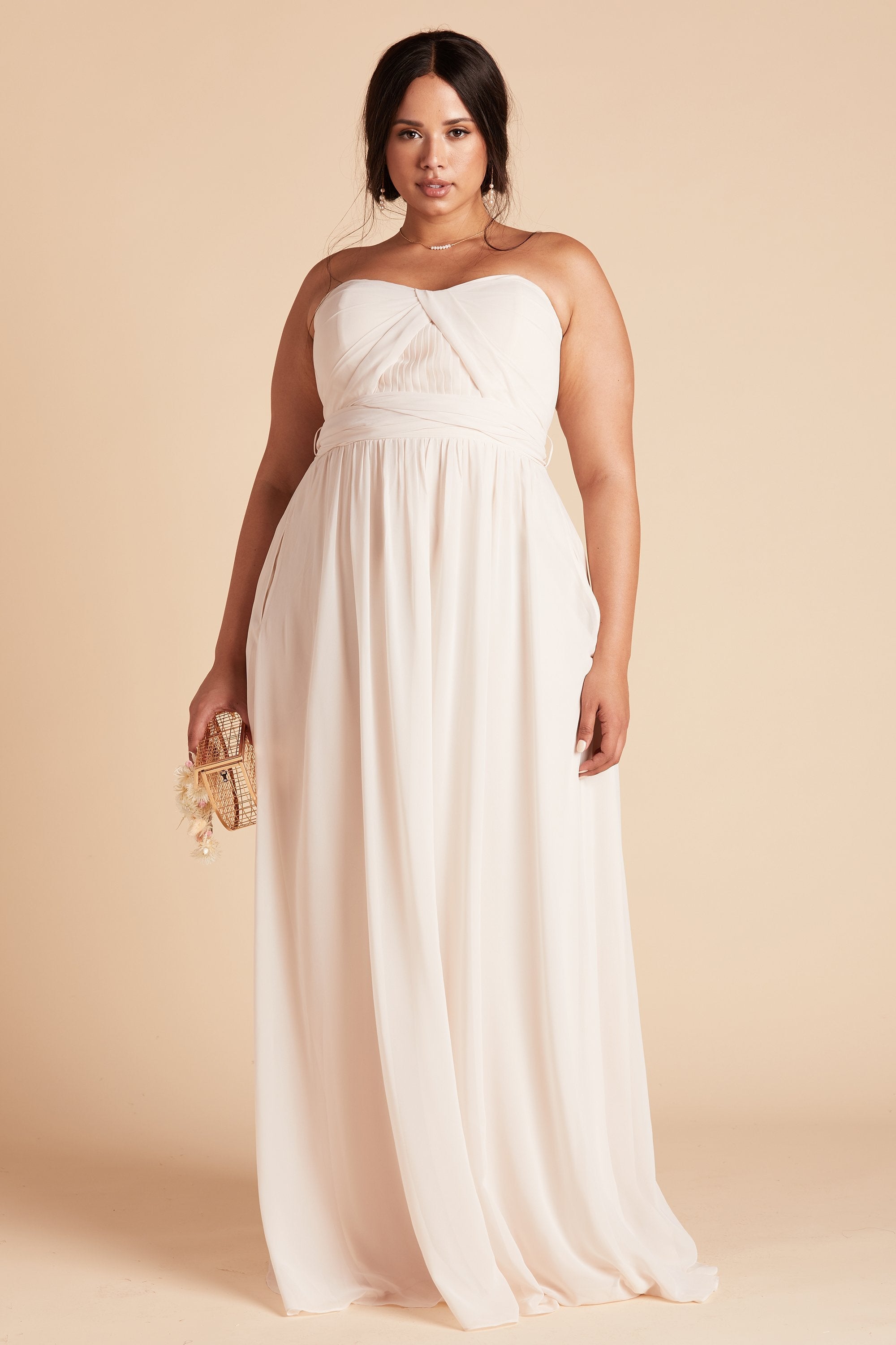 Grace convertible plus size bridesmaid dress in champaign chiffon by Birdy Grey, front view