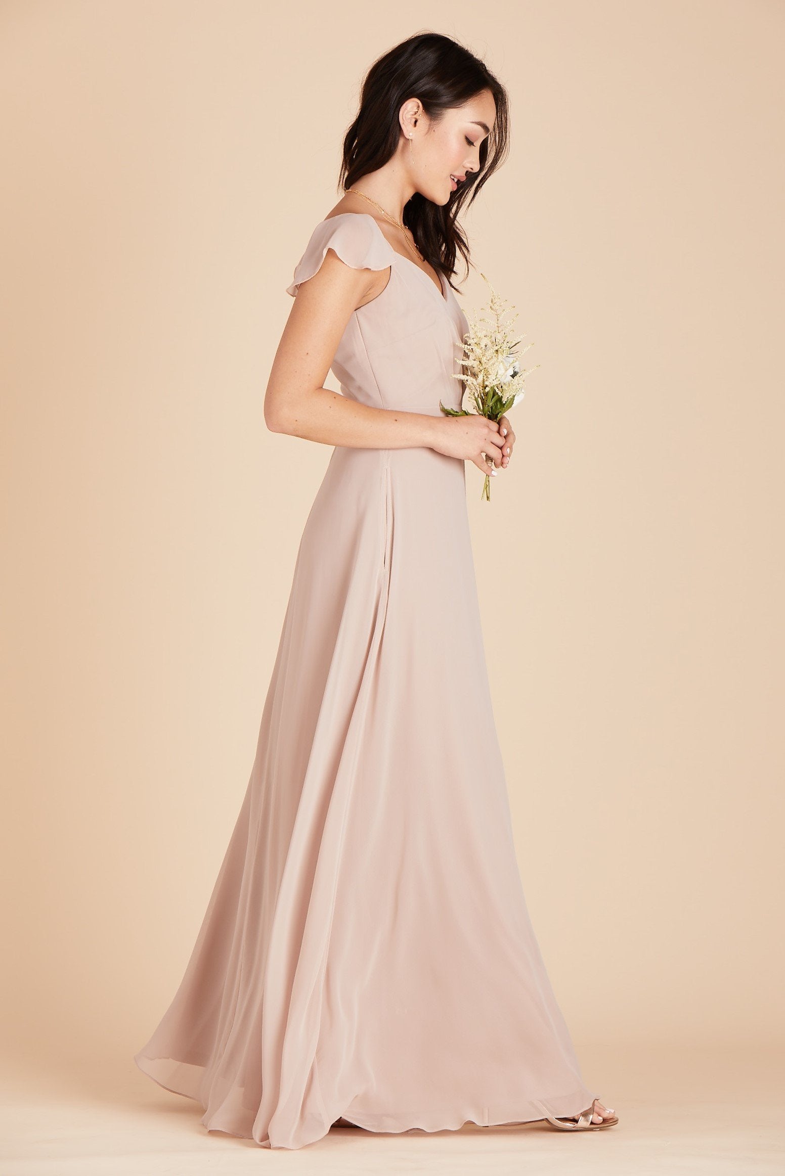 Kae bridesmaids dress in taupe chiffon by Birdy Grey, side view