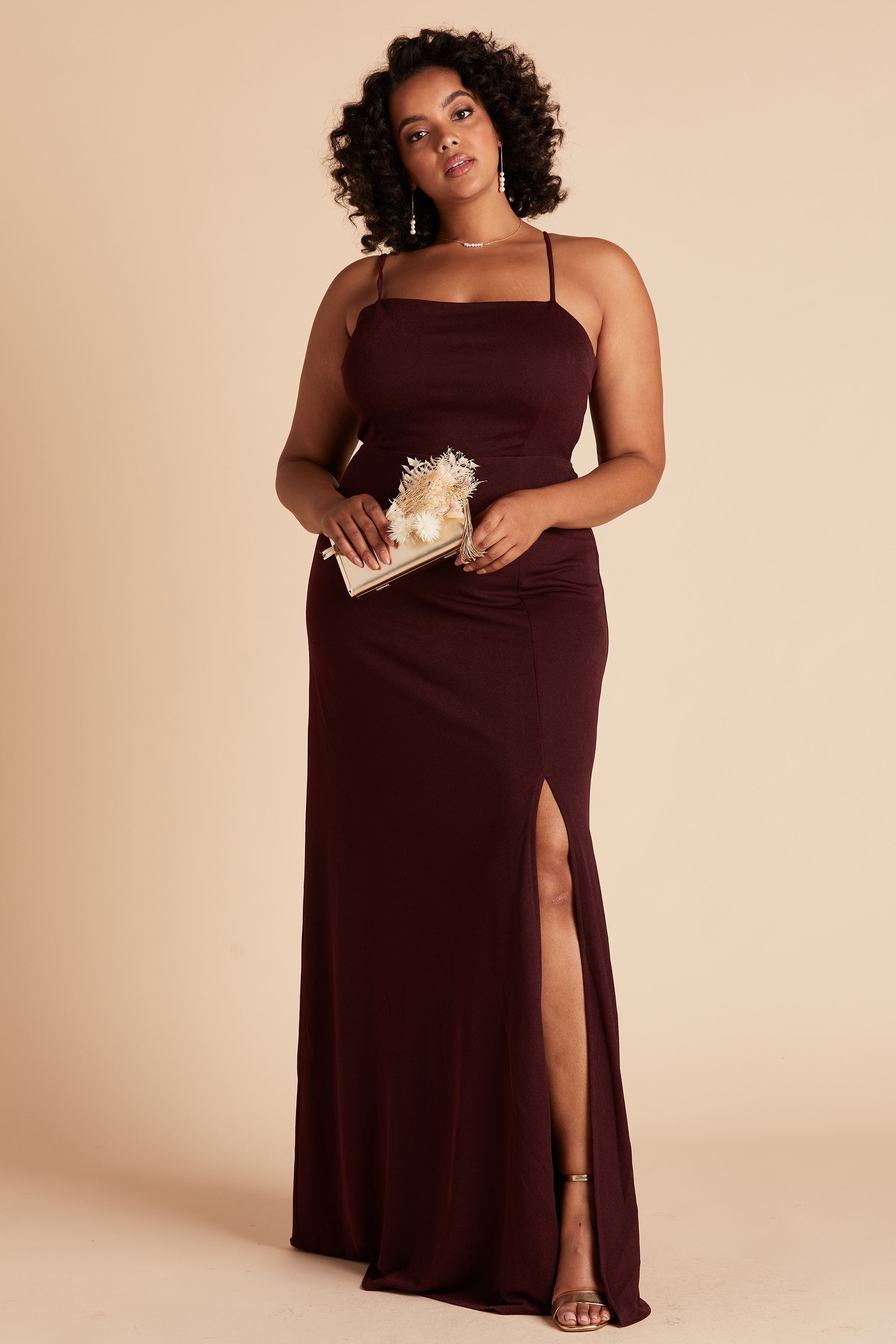 Benny plus size bridesmaid dress with slit in cabernet burgundy crepe by Birdy Grey, front view