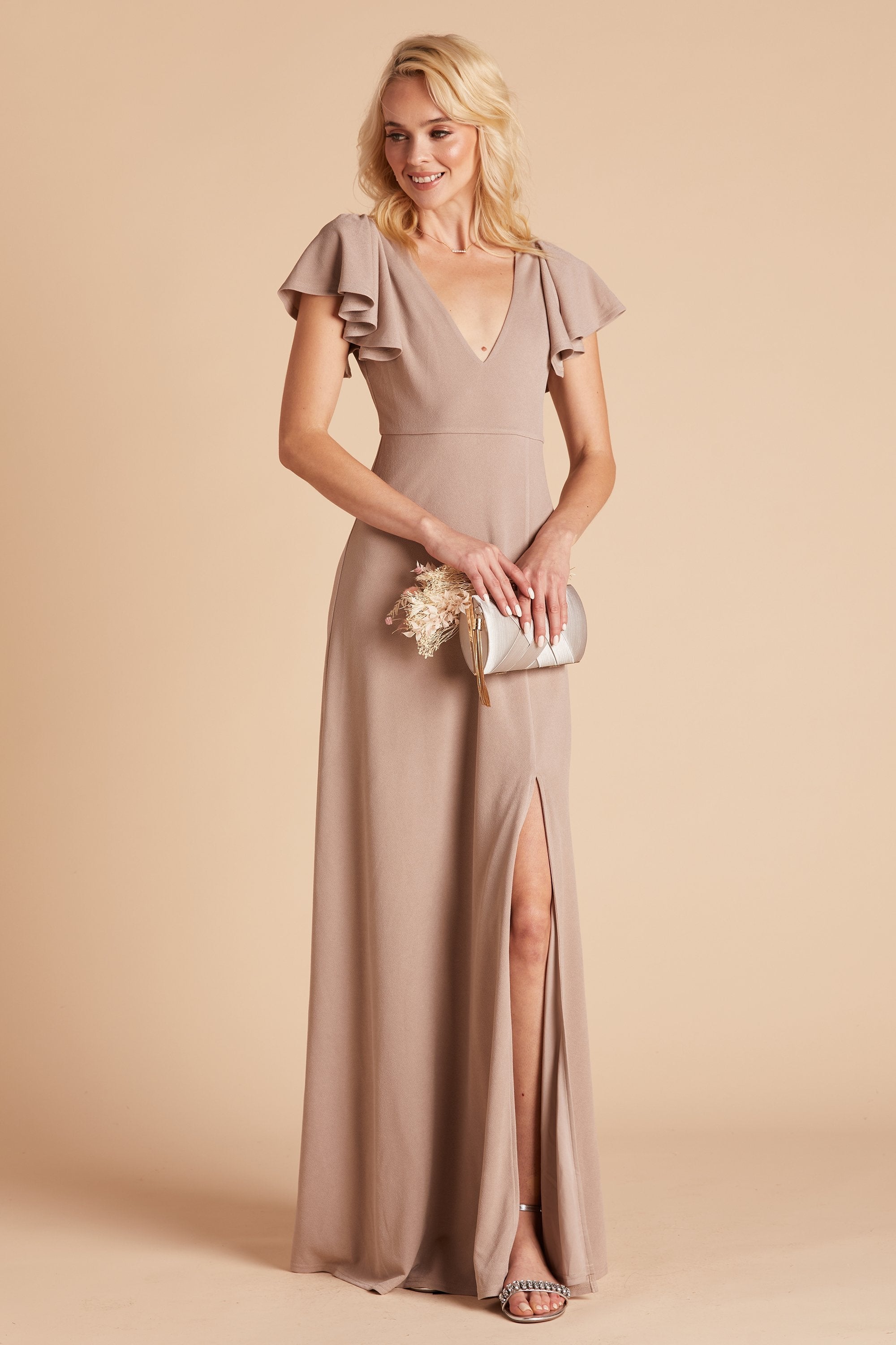 Hannah bridesmaid dress with slit in taupe crepe by Birdy Grey, front view