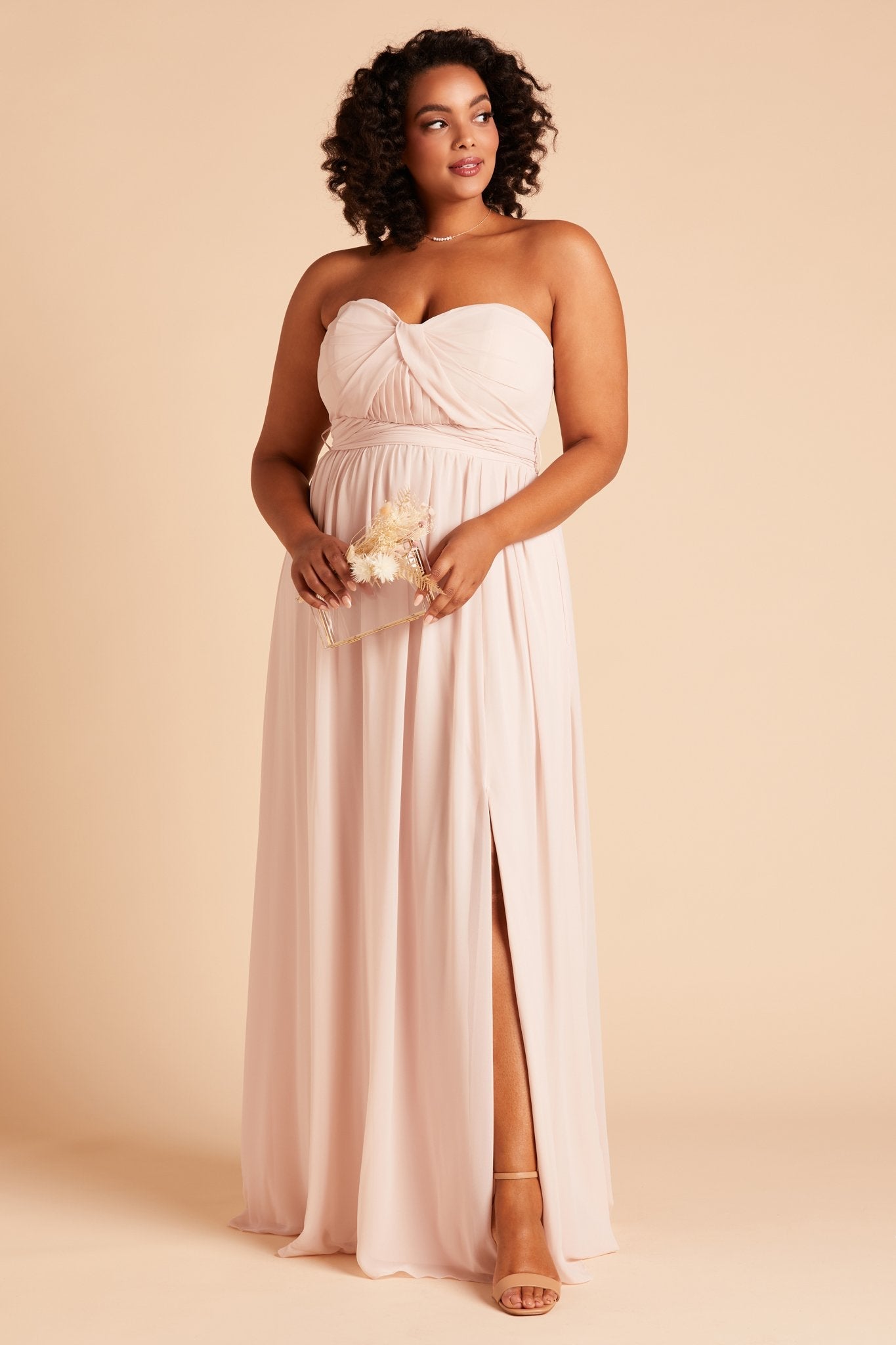 Grace convertible plus size bridesmaid dress in pale blush pink chiffon by Birdy Grey, front view