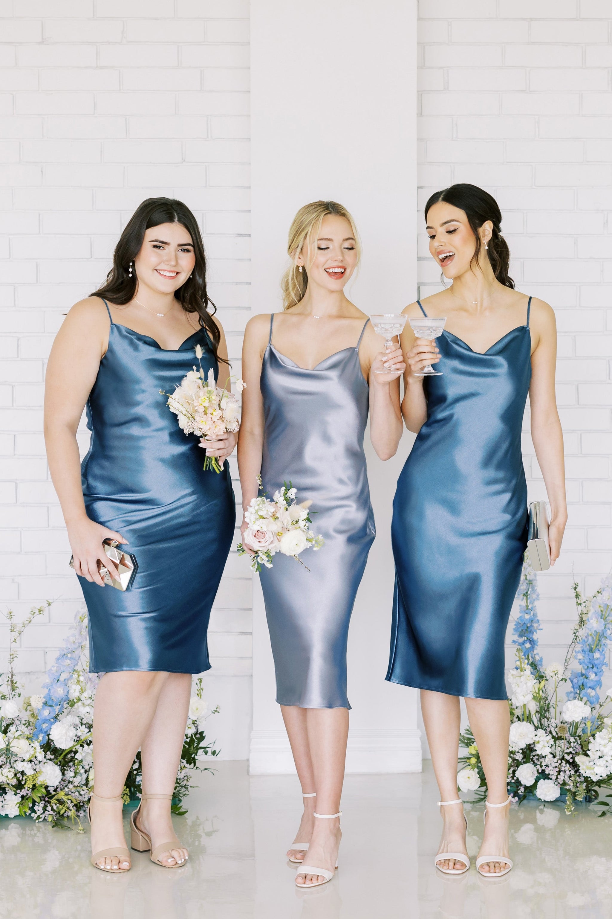 Lisa midi plus size bridesmaid dress in twilight satin by Birdy Grey, front view