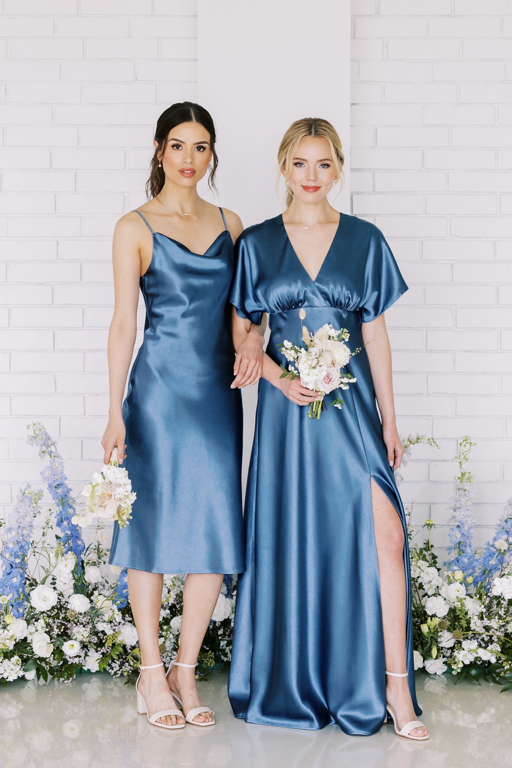 Jesse bridesmaid dress with slit in twilight satin by Birdy Grey, front view